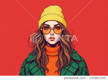 Stylish woman in a yellow beanie and orange glasses against a red background 135901348