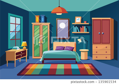 a bedroom furnished with a bed and furniture- a bedroom furnished with a bed and furniture- 135901534