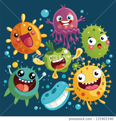 Bacteria, microbes, germs, viruses, cartoon characters in various positions and attitudes Bacteria, microbes, germs, viruses, cartoon characters in various positions and attitudes 135901540