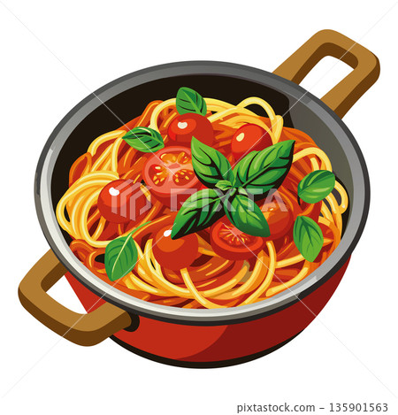 Fresh spaghetti pasta in pot with tomato and basil 135901563