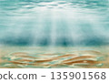 Sunlight rays piercing through ocean waves,with sand on seabed,wavy surface.Watercolor illusustration with fluid washes,light texture.For marine themes,calming backgrounds,coastal designs 135901568