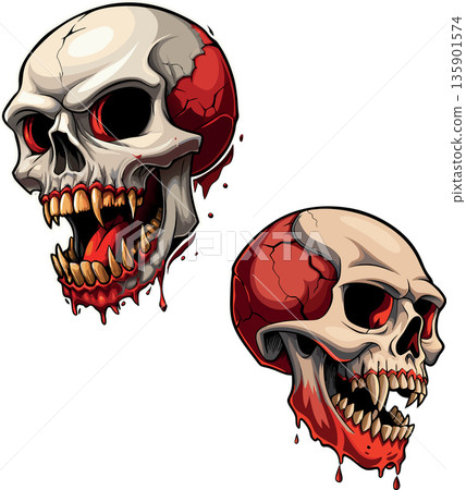 Two scary vampire skulls with blood dripping Two scary vampire skulls with blood dripping 135901574