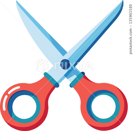 Red scissors with blue blades open and cutting 135901580