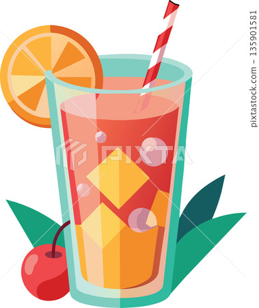 Glass of refreshing juice with ice, orange slice, cherry and straw on white background 135901581