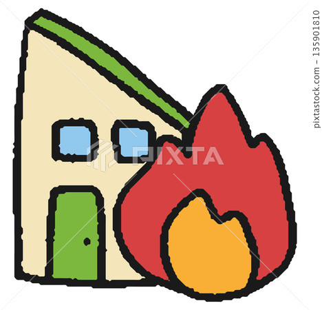 Hand drawn illustration of a house burning on fire 135901810