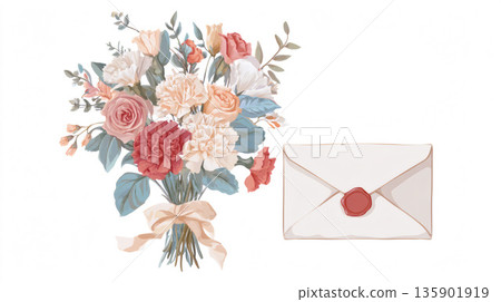 精美的花束插圖，配有緞帶和信封 135901919