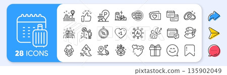 Pillow, Gift box and Fireworks rocket line icons. Interest rate, AI generate, Inflation icons. Pack of Heart, Ice cream, Discount icon. Smile face, Baggage calendar, Love tickets pictogram. Vector 135902049