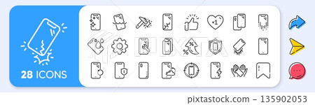 Smartphone protection line icons. Interest rate, AI generate, Inflation icons. Tempered glass, screen protector and water resistant. Vector Smartphone protection line icons. Interest rate, AI generate, Inflation icons. Tempered glass, screen protector and water resistant. Vector 135902053