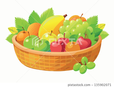 Wicker basket overflowing with fresh fruit on white background 135902071
