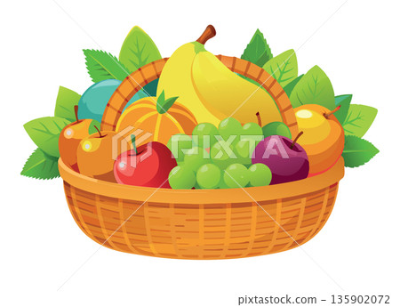 Wicker basket overflowing with fresh fruit on white background 135902072