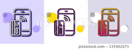 Contactless payment card line icon. Halftone dotted pattern. Gradient icon with grain shadow. Phone money sign. Mobile device symbol. Line contactless payment icon. Various designs. Vector 135902073