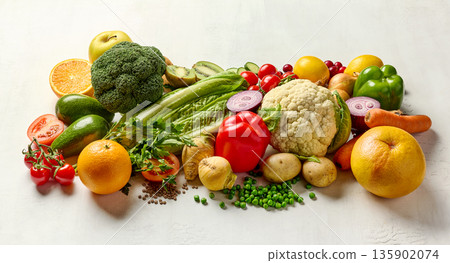 various fresh raw vegetables and fruits 135902074