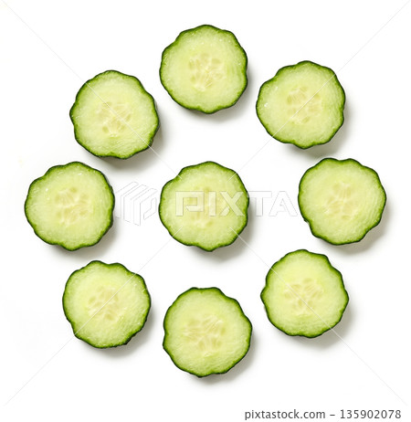 fresh raw cucumber vegetable slices isolated on white background fresh raw cucumber vegetable slices isolated on white background 135902078