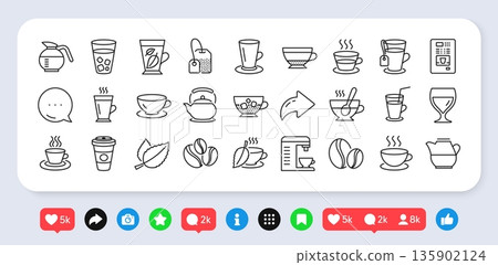 Coffee and Tea line icons. Social media: share, comment, like icons. Set of Juice with ice, Cappuccino and Latte coffee cup icons. Teapot, Coffeepot and Hot drink with Steam. Vector Coffee and Tea line icons. Social media: share, comment, like icons. Set of Juice with ice, Cappuccino and Latte coffee cup icons. Teapot, Coffeepot and Hot drink with Steam. Vector 135902124