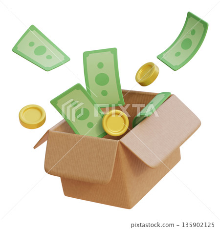 3D rendering of cartoon money bills popping out of a cardboard delivery box 3D rendering of cartoon money bills popping out of a cardboard delivery box 135902125