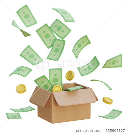 3D rendering of cartoon money bills popping out of a cardboard delivery box 135902127