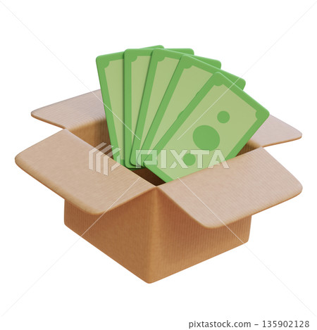 3D graphic of cartoon dollar bills inside an open cardboard delivery box 3D graphic of cartoon dollar bills inside an open cardboard delivery box 135902128
