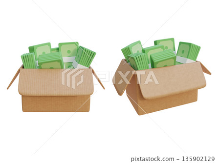 3D rendering of stacks of cash bundles inside a cardboard delivery box 3D rendering of stacks of cash bundles inside a cardboard delivery box 135902129
