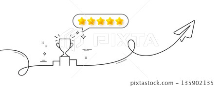 Winner podium line icon. Continuous line with share plane. Sports Trophy symbol. Championship achievement sign. Five star rate review in speech bubble. Winner podium single line ribbon. Vector 135902135