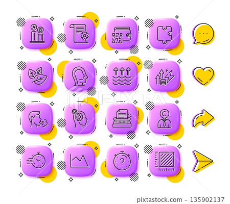 Timer, Qr code and Organic tested line icons. App 3d buttons. Social media comment, share, like icons. Pack of Psychology, Line chart, Quiz icon. Thoughts, Ab testing, Typewriter pictogram. Vector 135902137