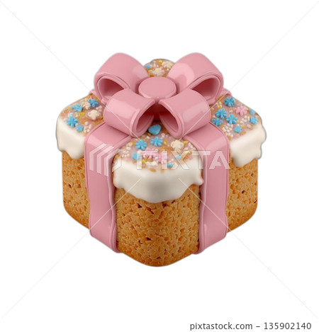 逼真的禮物形狀糖霜餅乾插圖，透明背景PNG格式，粉紅色絲帶和鮮花 135902140