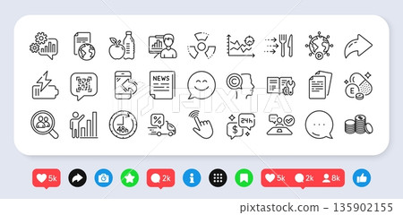 Search employees, Fake news and Documents line icons pack. Social media: share, comment, like icons. Food delivery, Presentation board, Job interview web icon. Vector 135902155