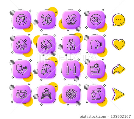Dirty mask, Blood and Covid test line icons. App 3d buttons. Social media comment, share, like icons. Pack of Not looking, Social distance, Face id icon. Vector 135902167