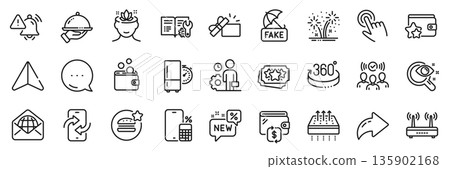 Wallet, Web mail and 360 degrees line icons pack. Share, Message, Paper plane icons. New, Breathable mattress, Phone calculator web icon. Vector 135902168