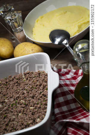 Hachis parmentier, french dish with mashed potato and minced beef 135902172