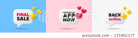 Download app chat speech bubble. 3d stars, sparkles, hearts chat bubbles. Download the app now. Web application sign. Get program software symbol. Final sale, Back to school tag. Vector Download app chat speech bubble. 3d stars, sparkles, hearts chat bubbles. Download the app now. Web application sign. Get program software symbol. Final sale, Back to school tag. Vector 135902177