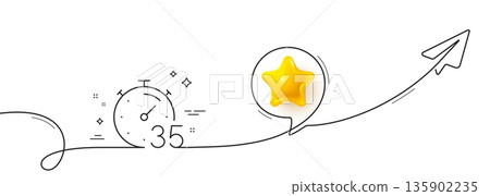 Timer 35 minutes line icon. Continuous line with share plane. Stopwatch time sign. Countdown clock symbol. 3d star in speech bubble. Timer single line ribbon. Loop curve pattern. Vector Timer 35 minutes line icon. Continuous line with share plane. Stopwatch time sign. Countdown clock symbol. 3d star in speech bubble. Timer single line ribbon. Loop curve pattern. Vector 135902235