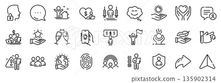 Search employee, Unlock system and Voting ballot line icons pack. Share, Message, Paper plane icons. Electric app, Difficult stress, New house web icon. Vector 135902314
