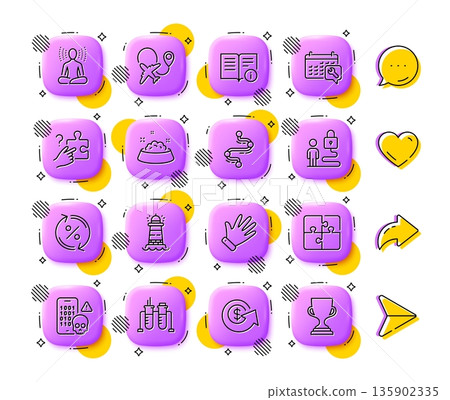Puzzle, Yoga and Dog feeding line icons. App 3d buttons. Social media comment, share, like icons. Pack of Cyber attack, Technical info, Search puzzle icon. Vector 135902335