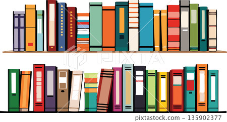 Two full bookshelves with colorful books standing in a row Two full bookshelves with colorful books standing in a row 135902377
