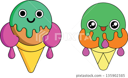 Drawing of dripping ice cream in the cone- 135902385