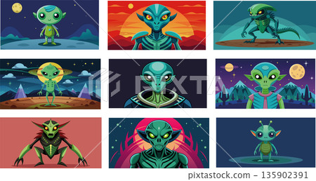 Alien Character Figures in Colorful Comics- Alien Character Figures in Colorful Comics- 135902391