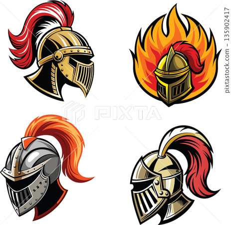 Four different medieval knights helmets with plumes in profile view- 135902417