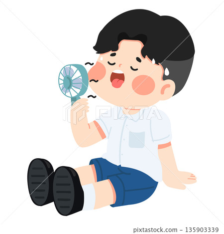 Boy Cooling Off With A Fan Boy Cooling Off With A Fan 135903339