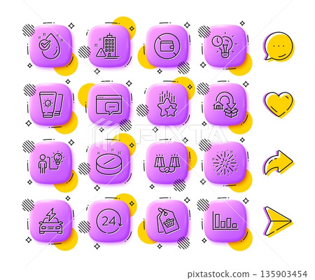 Seo message, Fireworks explosion and Medical tablet line icons. App 3d buttons. Social media comment, share, like icons. Pack of Sunscreen, Moving service, Ranking stars icon. Vector 135903454