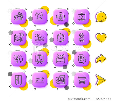 Shield, Pay and Vision board line icons. App 3d buttons. Social media comment, share, like icons. Pack of Help app, Shoulder strap, Skin moisture icon. Vector Shield, Pay and Vision board line icons. App 3d buttons. Social media comment, share, like icons. Pack of Help app, Shoulder strap, Skin moisture icon. Vector 135903457