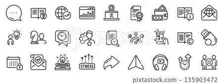 Video conference, Help and Stress grows line icons pack. Share, Message, Paper plane icons. Flash memory, Inspect, Brand web icon. Money wallet, Confirmed mail, Music phone pictogram. Vector Video conference, Help and Stress grows line icons pack. Share, Message, Paper plane icons. Flash memory, Inspect, Brand web icon. Money wallet, Confirmed mail, Music phone pictogram. Vector 135903472