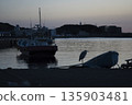 The silhouette of a heron standing majestically at the harbor 135903481