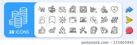 Report, Budget accounting and Card line icons. Interest rate, AI generate, Inflation icons. Pack of Shopping cart, Checklist, Binary code icon. Coins, Survey checklist, Graph laptop pictogram. Vector 135903495
