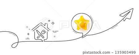 Food delivery line icon. Continuous line with share plane. Meal order at home sign. House food deliver symbol. 3d star in speech bubble. Food delivery single line ribbon. Loop curve pattern. Vector Food delivery line icon. Continuous line with share plane. Meal order at home sign. House food deliver symbol. 3d star in speech bubble. Food delivery single line ribbon. Loop curve pattern. Vector 135903499