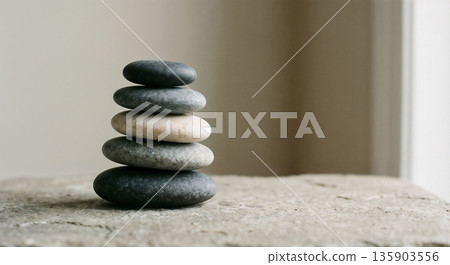 Stack of balanced gray and white stones. Tranquil spiritual zen concept for meditation, relaxation, and harmony. Spa and wellness background. Stack of balanced gray and white stones. Tranquil spiritual zen concept for meditation, relaxation, and harmony. Spa and wellness background. 135903556