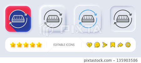 Two sided mattress line icon. Neumorphic, Flat shadow, 3d buttons. Change side of orthopedic pad sign. Breathable sleep bed symbol. Line mattress icon. Social media icons. Vector 135903586