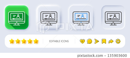 Online Video Education line icon. Neumorphic, Flat shadow, 3d buttons. Computer with Online lecture sign. Web player symbol. Line online video icon. Social media icons. Vector 135903600