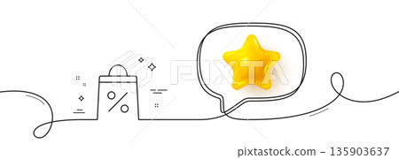 Shopping bag with Percentage line icon. Continuous line with 3d star. Supermarket buying sign. Sale and Discounts symbol. 3d star in speech bubble. Shopping bag single line ribbon. Vector Shopping bag with Percentage line icon. Continuous line with 3d star. Supermarket buying sign. Sale and Discounts symbol. 3d star in speech bubble. Shopping bag single line ribbon. Vector 135903637
