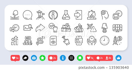 Chemistry lab, Checkbox and Journey line icons pack. Social media: share, comment, like icons. Online auction, Table lamp, Timer web icon. Ranking stars, Safe time, Cursor pictogram. Vector 135903640