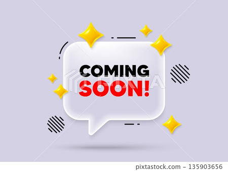 Coming soon chat speech bubble. Social media concept. Coming soon tag. Promotion banner sign. New product release symbol. 3d sparkles chat bubble. Vector Coming soon chat speech bubble. Social media concept. Coming soon tag. Promotion banner sign. New product release symbol. 3d sparkles chat bubble. Vector 135903656